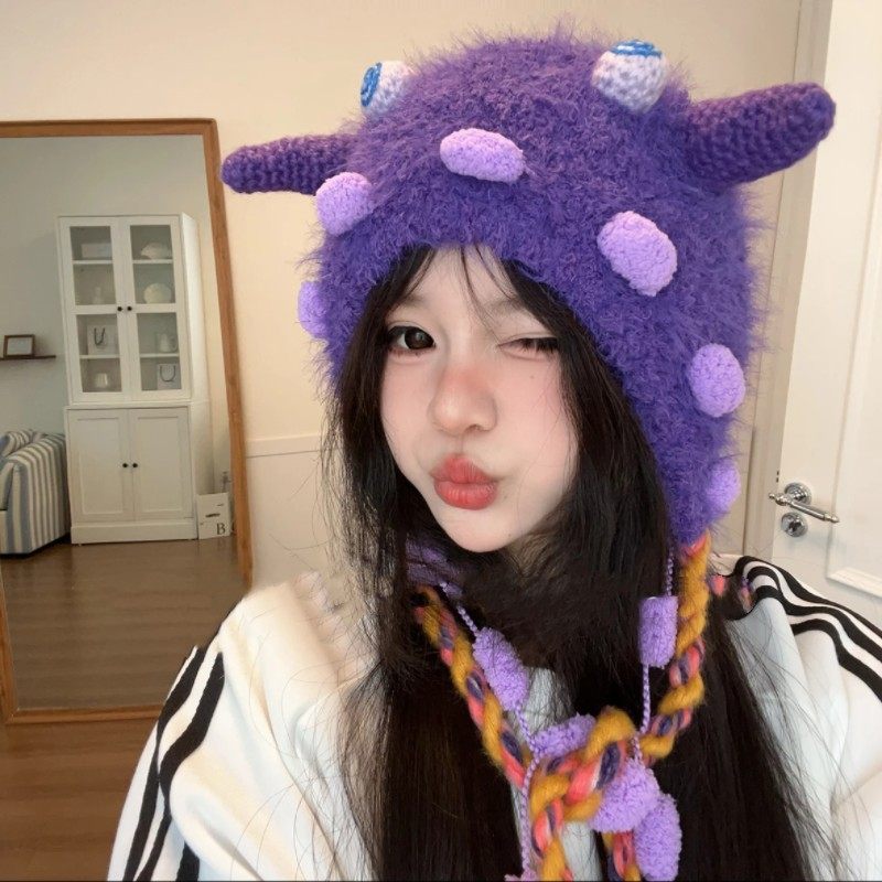 可爱糖果色搞怪小怪兽护耳帽子女秋冬季大头围毛绒套头保暖包头帽