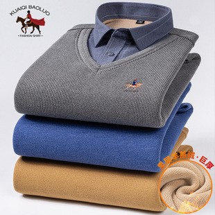 保罗冬季男士假两件保暖衬衫中青年加绒加厚针织衫毛衣加大码衬衣