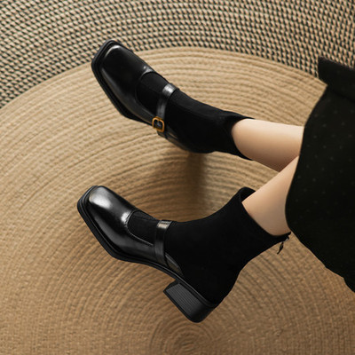 方头粗跟短靴女时装靴子