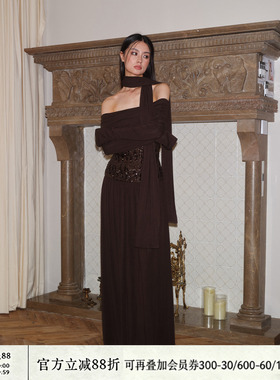 J TheChosen“暮光星河”一字肩亮片长袖围巾两件套连衣裙长裙