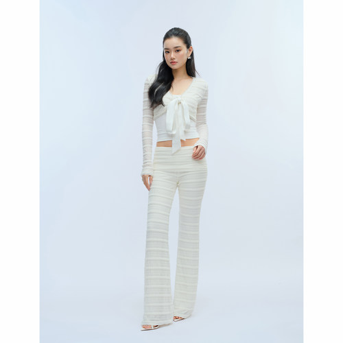 珠链绑带针织开衫双层腰头裤套装