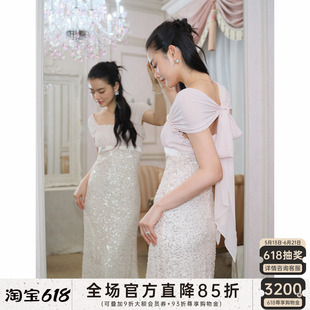 J TheChosen“柔蔓”原创设计 亮片飘带拼接蝴蝶结修身雪纺连衣裙