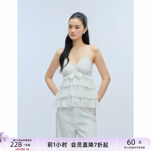 波点雪纺蛋糕蝴蝶结蕾丝边上衣