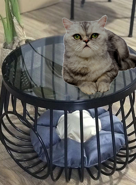 人猫共用茶几北欧圆形灰色玻璃小户型边几猫咪宠物岩板咖啡桌猫窝