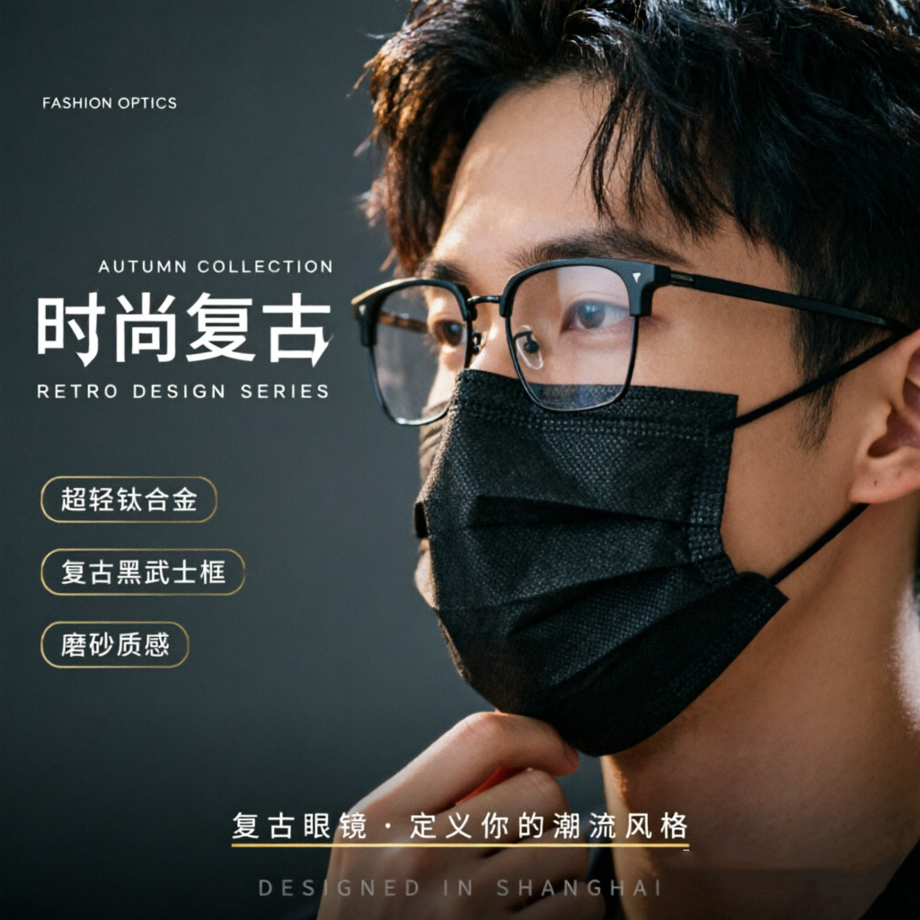 主播全黑色网红防蓝光平光镜女复古眉毛架小帅无度数可配近视镜男