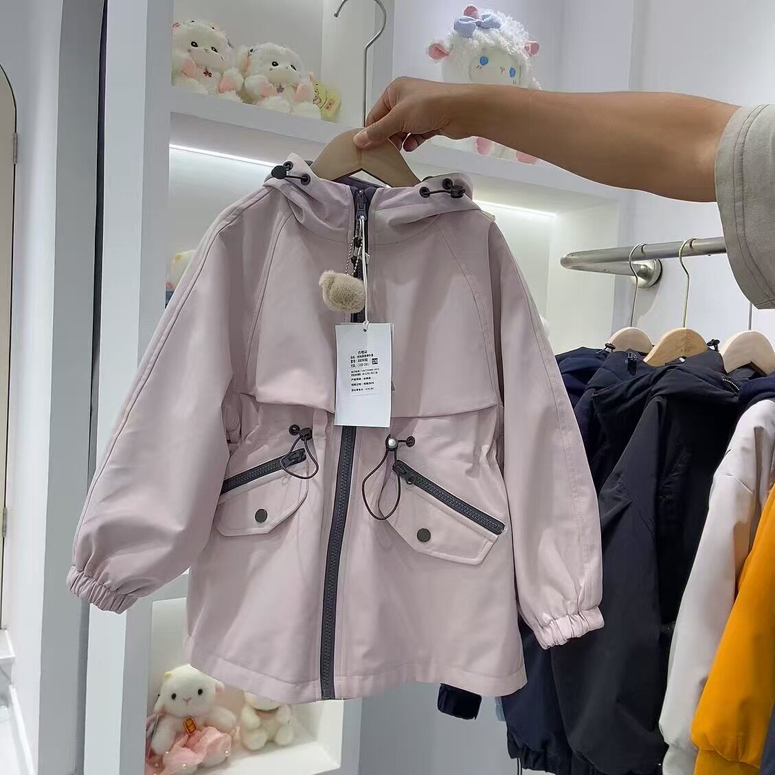 韩系连帽短款风衣女抽绳多口袋冲锋衣外套宽松显瘦夹克外套
