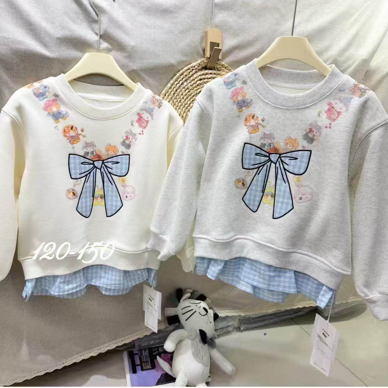 甜美可爱风蝴蝶结假两件卫衣女圆领格纹拼接套头上衣女童卫衣