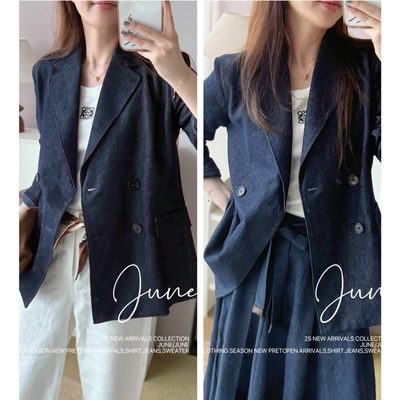 双排扣西装外套+高腰半裙