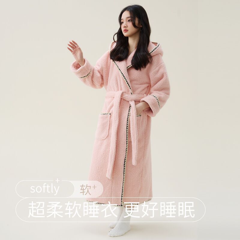 秋冬季新款珊瑚绒加厚美丽绒男女睡袍加长连帽浴袍情侣法兰绒睡衣