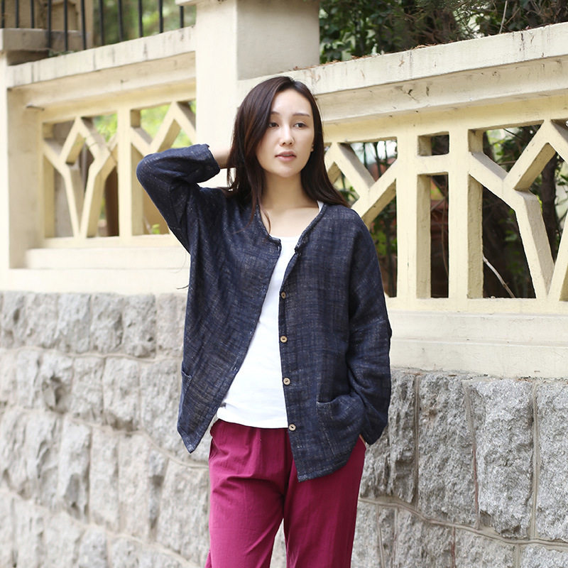 黛宜菲  DIYFEEL加厚秋季女装双层粗麻女外套棉麻系扣外套森女