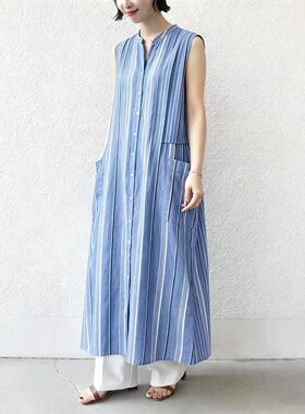 冰棉凉爽 日系无袖条纹连衣裙女夏中长款衬衫裙通勤穿搭蓝色裙子