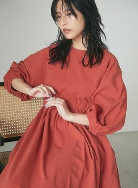 2022秋款 日本原单armonia 百分百全棉宽松 松紧腰纯色七分袖连衣