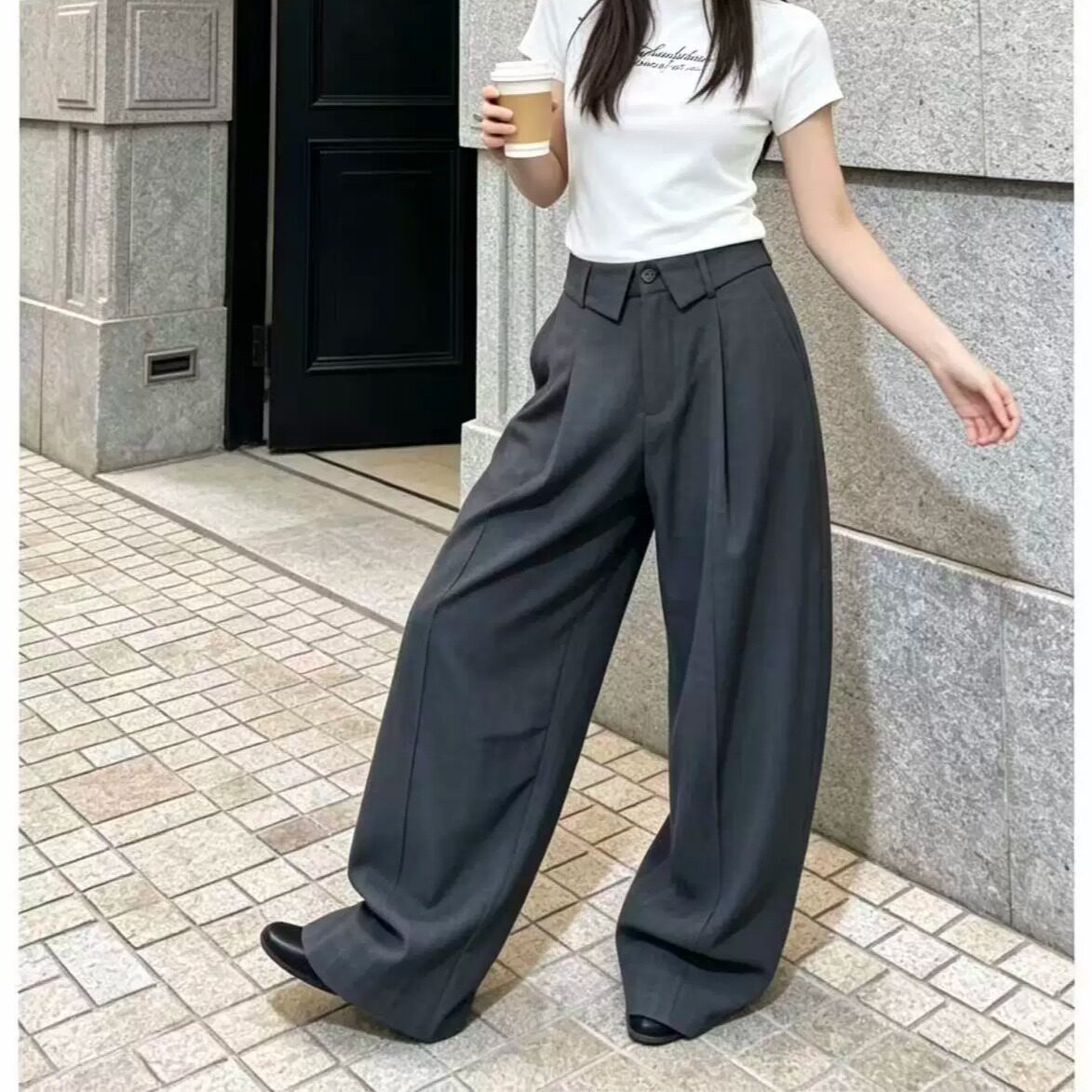 自留款 设计感高腰卷边阔腿裤弯刀裤女宽松休闲长裤灰色显瘦百搭