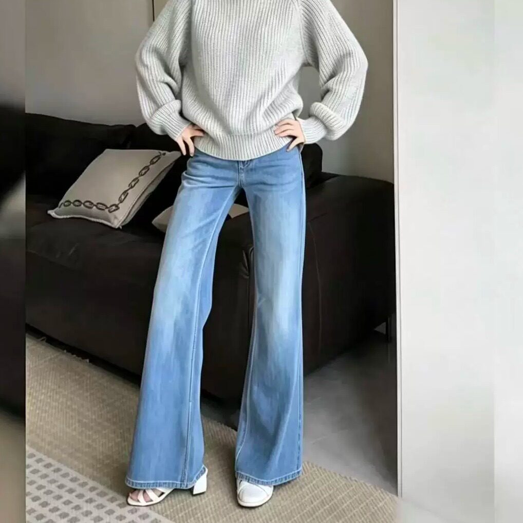 出口订单 超模裤微喇牛仔裤女中腰弹力拖地直筒裤显瘦百搭