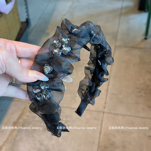 DH1067 韩版发饰女王之冠气质黑色欧根纱亮钻重工宽边发箍发卡