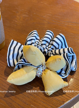 YY1019甜美条纹充棉黄色蝴蝶结镶钻大肠发圈 夏季丸子头发绳头花