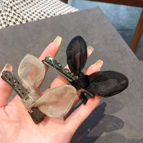欧根纱镶钻兔耳朵蝴蝶结边夹发夹