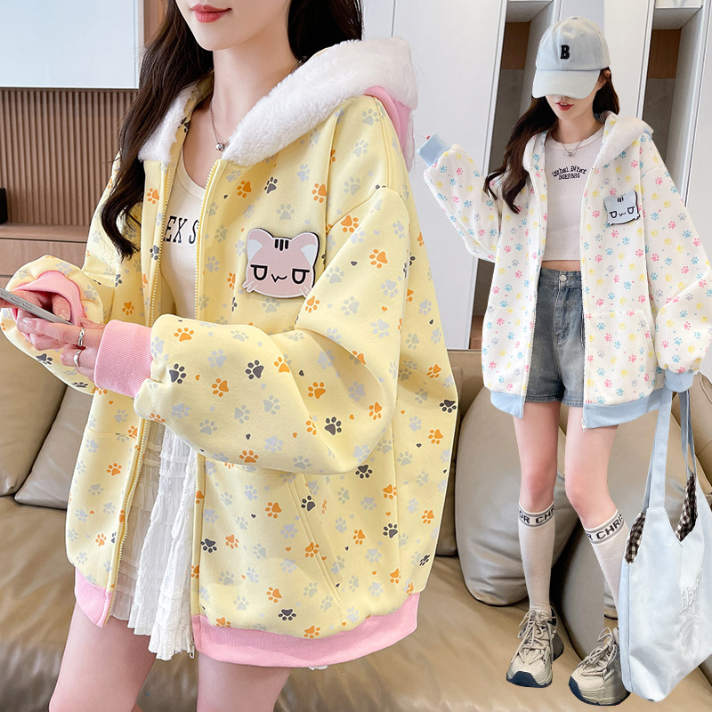 甜美开衫卫衣少女2026秋冬新款初高中学生毛绒耳朵连帽棒球服外套图片