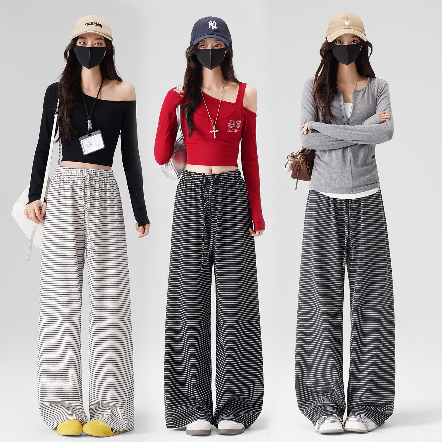 松弛条纹针织糯米裤女春秋2026新款初高中学生宽松百搭休闲阔腿裤