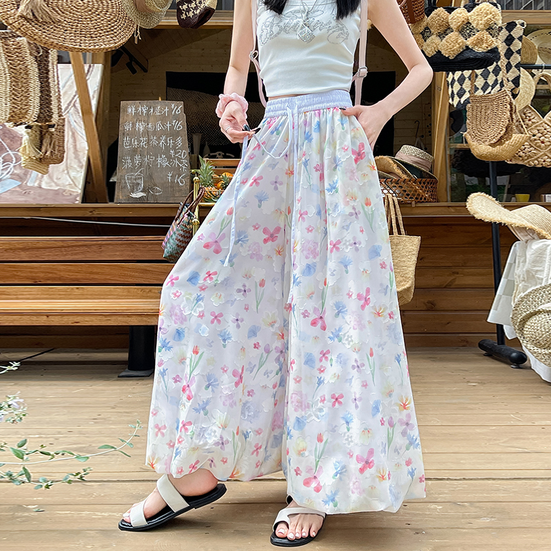 彩色碎花阔腿花苞裤女夏季2025新款初高中学生清新度假风宽松裙裤