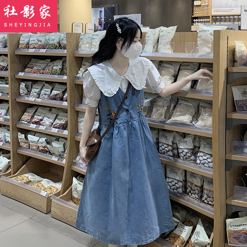 春夏甜美背带连衣裙套装女2025新款初中高中学生绣花衬衣牛仔裙子