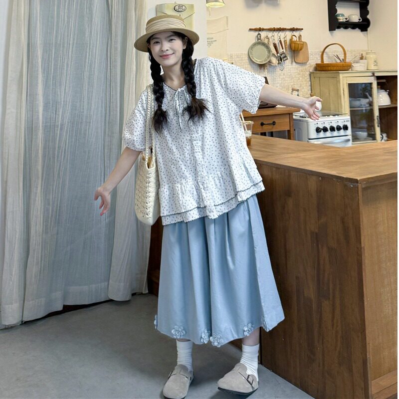 碎花衬衫七分花朵裙裤套装女2026夏季新款初高中学生小清新两件套