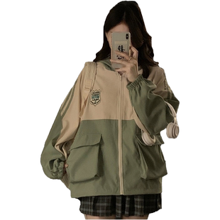 学院风休闲拼色工装外套少女2026春秋新款初中高中学生时尚冲锋衣