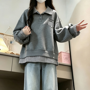 格子拼接翻领卫衣少女2026秋冬新款初高中学生假两件宽松打底上衣