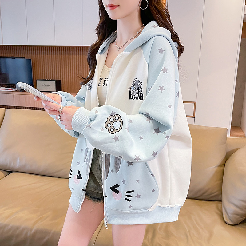 可爱刺绣连帽卫衣少女2026春秋新款初高中学生双拉链撞色开衫外套
