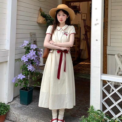 小清新甜美刺绣连衣裙森女2026夏季新款初高中学生系带收腰长裙子