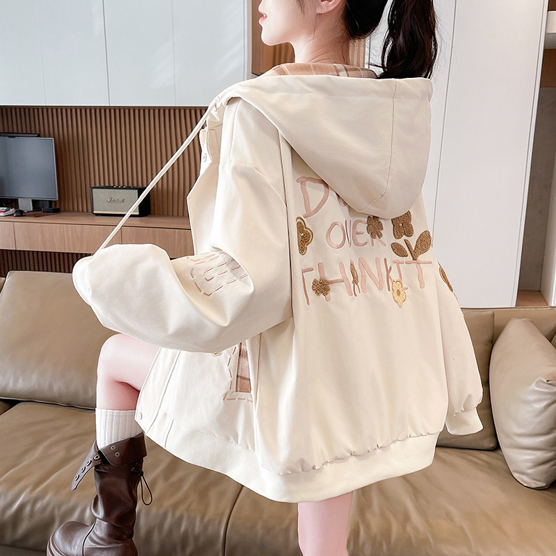 慵懒风刺绣工装外套女2026春秋新款初高中学生格纹连帽棒球服上衣,女装/女士精品,短外套,淘宝优惠券,粉丝福利购,淘宝优惠卷