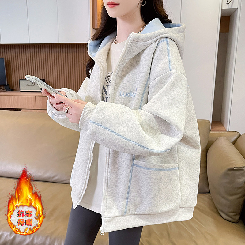 加绒加厚连帽卫衣外套少女2026冬季新款初高中学生羊羔毛保暖棉服