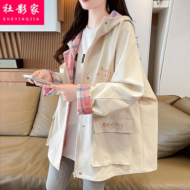 格子拼接风衣外套少女2026春秋新款初高中学生小众休闲工装上衣潮