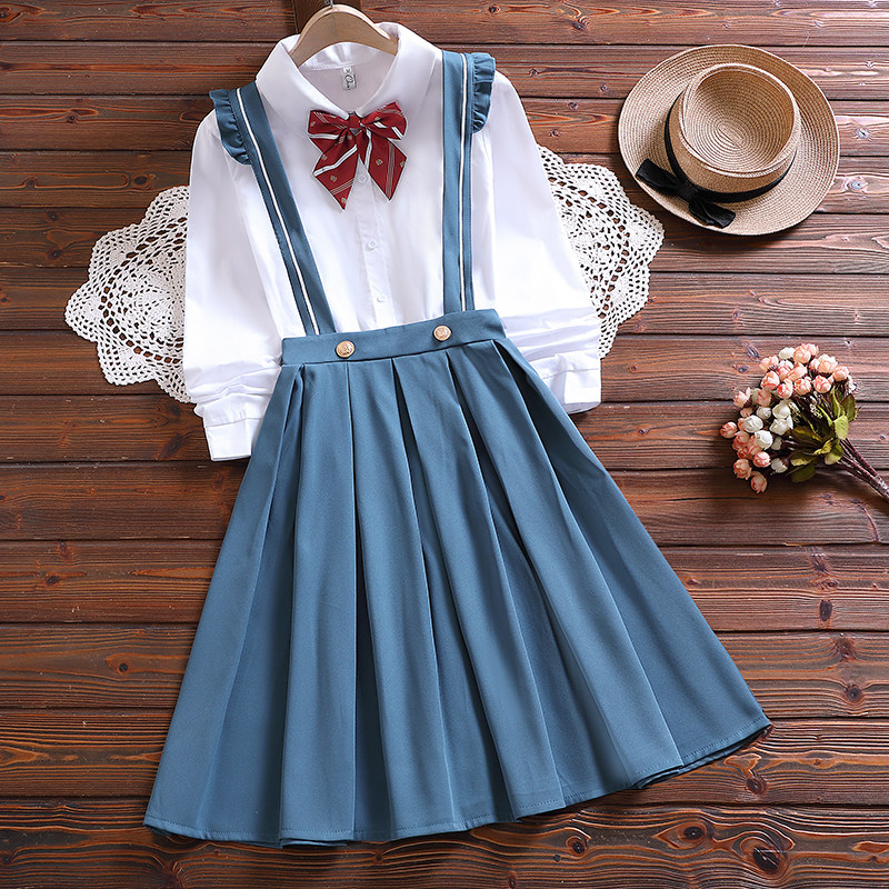 长袖衬衣背带裙套装女春秋2026新款初高中学生演讲表演班服两件套