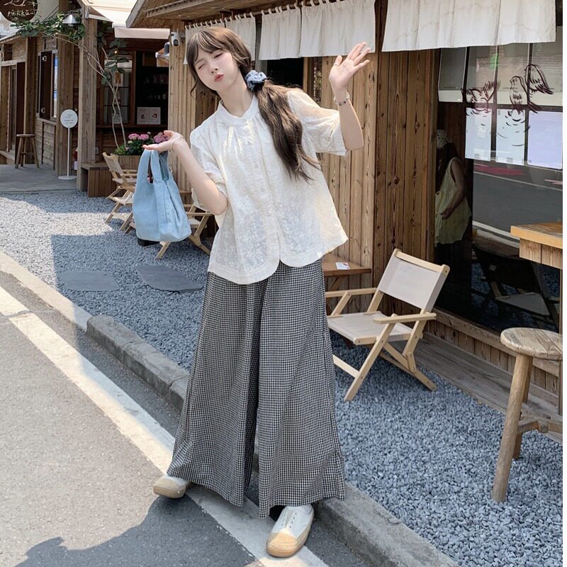 刺绣衬衫格子阔腿裤套装少女2026夏季新款高中学生日系宽松两件套