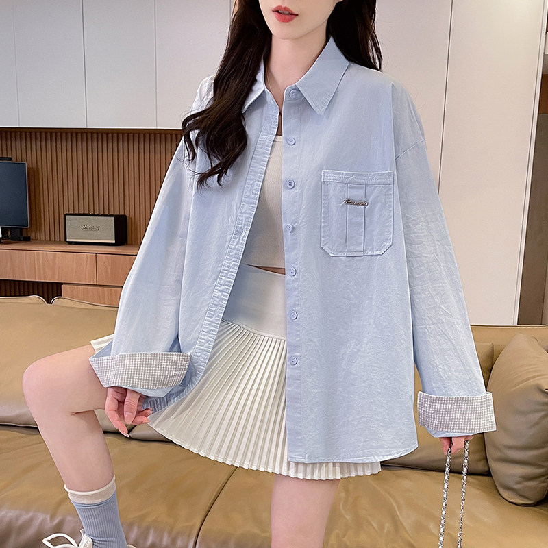 法式宽松长袖衬衫女2026春秋新款初高中学生休闲复古刺绣外穿上衣