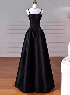 2024新款 法式简约黑色吊带长款晚礼服晚装 艺考 宴会 聚会 演出