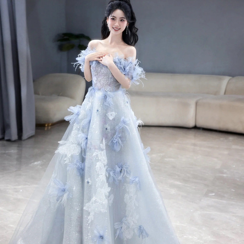 蓝色长款晚礼服裙轻婚纱订婚敬酒