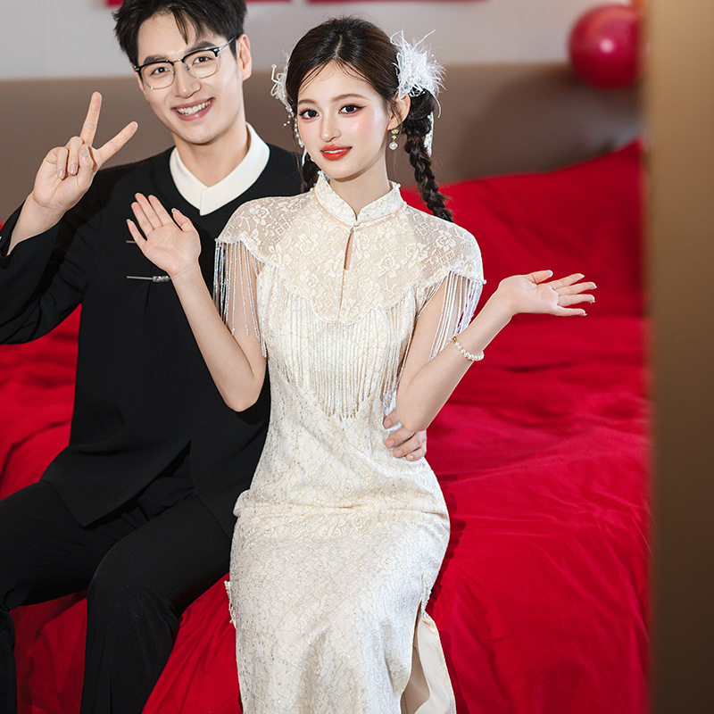 轻奢小众新中式时尚流苏披肩长款旗袍礼服敬酒服 订婚 回门