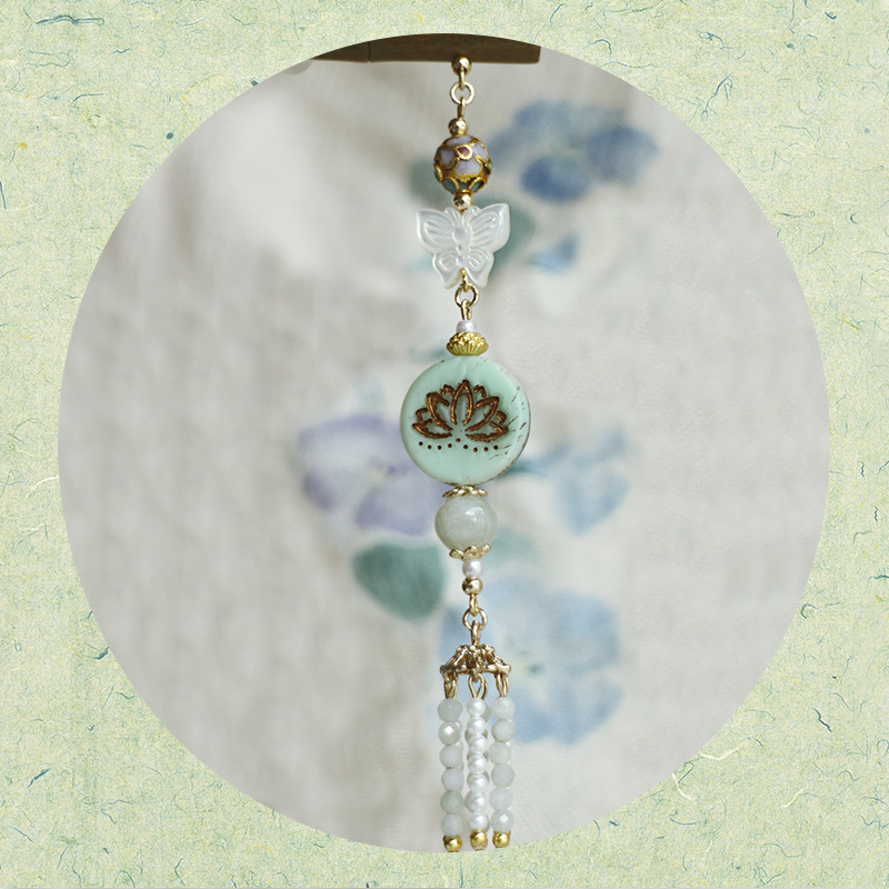 宋雅 原创复古红肥绿瘦国风汉服绿莲花蝶贝翠玉景泰蓝绿檀木发簪