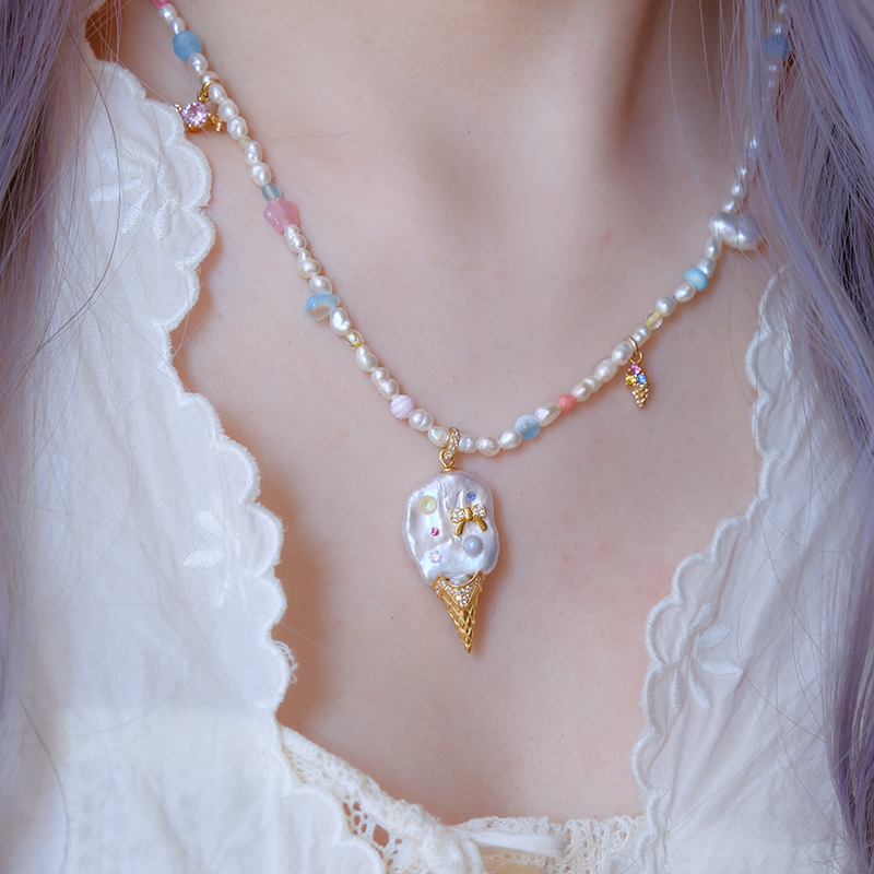 「海盐Gelato」 原创夏日复古天然蝴蝶结冰激凌巴洛克珍珠项链