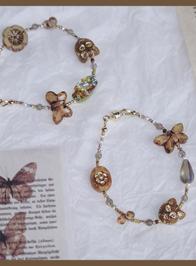 古猫捷克琉璃复古古着风蝴蝶手链