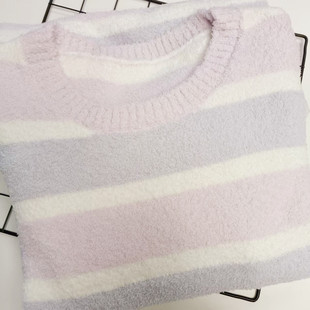 福利清仓款冬季女士小码软绵绵半边绒紫色条纹家居服睡裙