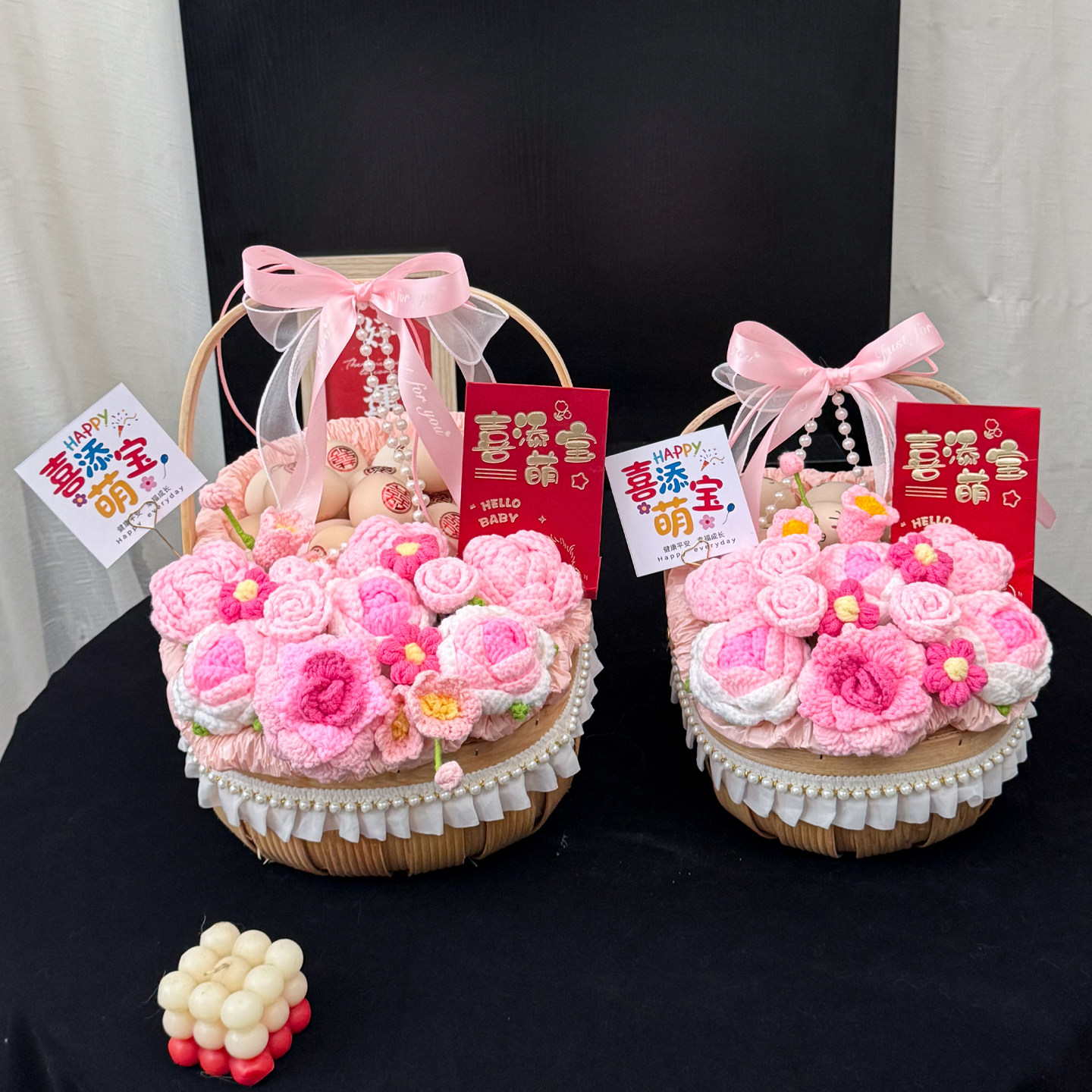创意成品月子鸡蛋手提花篮编织玫瑰仿真毛线送闺蜜朋友生小孩产妇