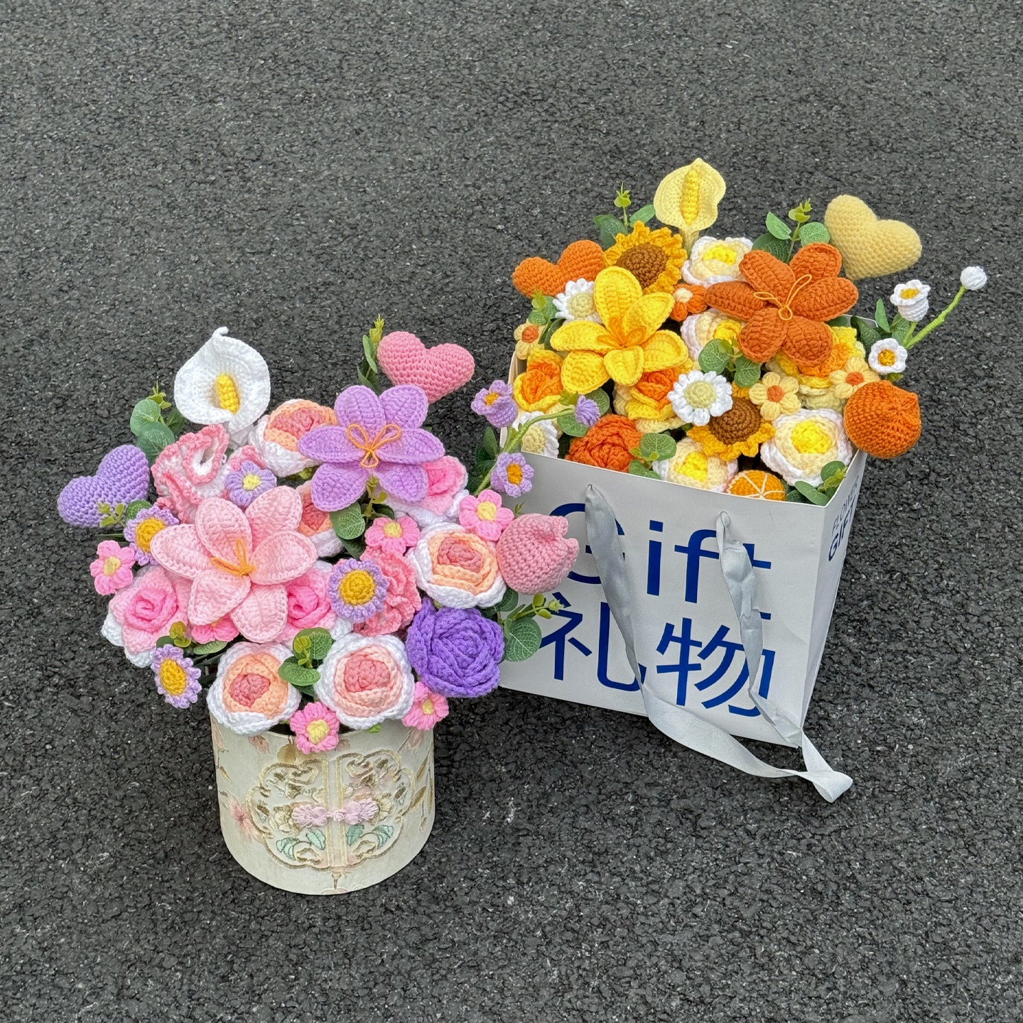 创意母亲节针织玫瑰向日葵毛线花国风抱抱桶花束朋友妈妈生日礼物