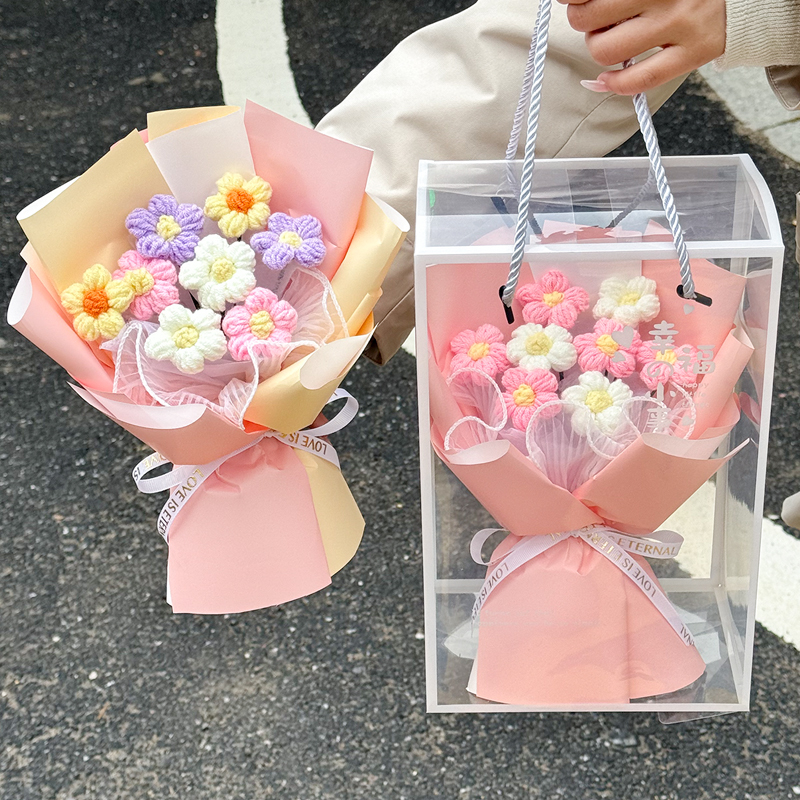 情人节礼物手工钩织仿真花泡芙毛线钩织花束礼盒送女友同学员工