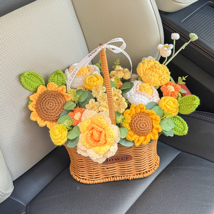 小清新编织玫瑰向日葵毛线花束成品手提花篮闺蜜女朋友生日礼物