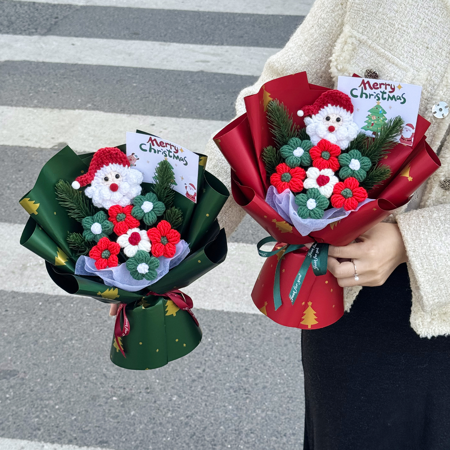 创意圣诞节花束针织成品圣诞老人仿真花平安夜送女友闺蜜惊喜礼物