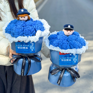 中国警察节手工钩织毛线蓝玫瑰花束玩偶成品送男女警节日惊喜礼物