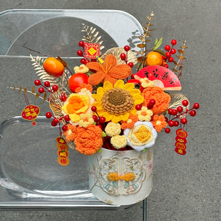 创意手工编织仿真毛线向日葵玫瑰毛线花束年宵抱抱桶乔迁摆件装 饰